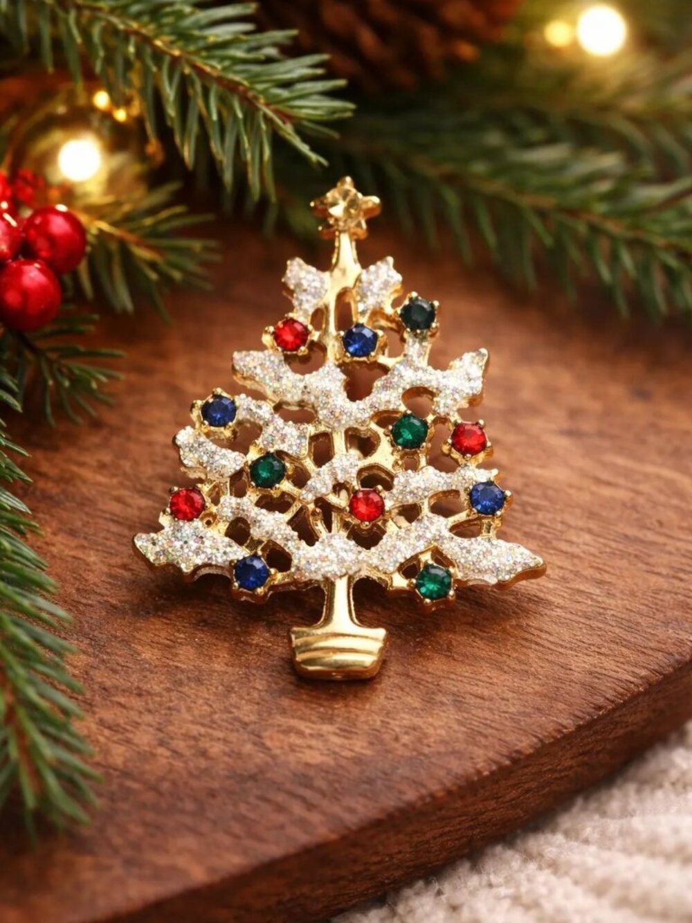Vintage Christmas Tree Brooch Rhinestone Holiday Pin